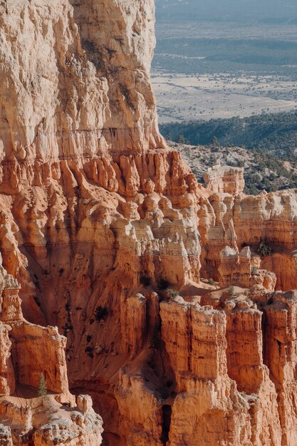 Vertical shot of rock formations in a canyon under the sunlight