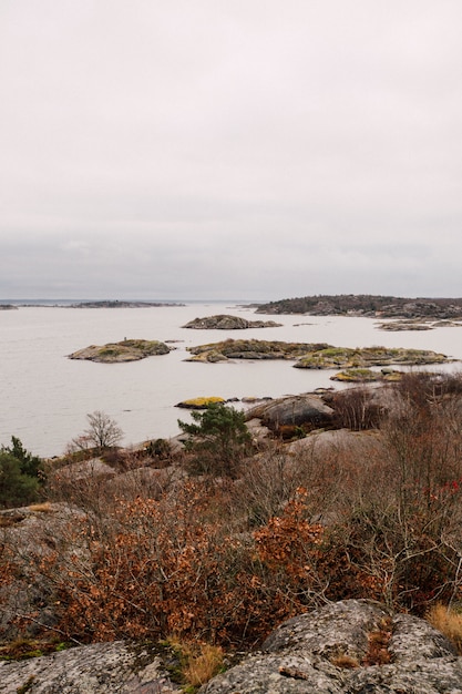 Vertical shot of the sea with ricks and surrounded by hills under a cloudy sky