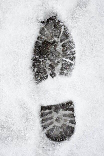 Vertical shot of a shoe print on a white snowy ground