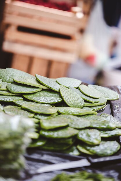 A vertical shot of sliced cactus pieces