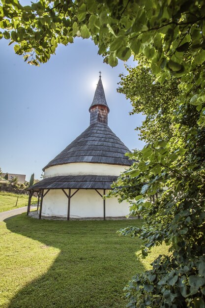 슬로베니아 시골에서 나무 뒤에 작은 교회의 세로 샷
