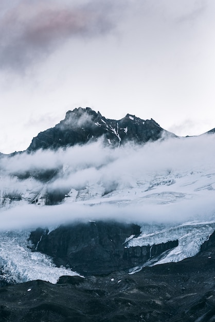 澄んだ空と雲の上の雪に覆われた山の頂上の垂直方向のショット