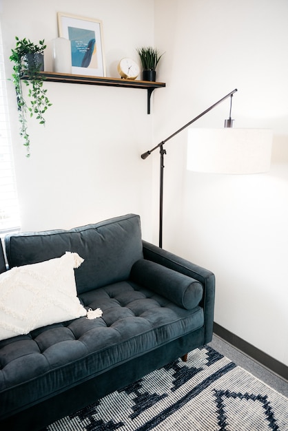 Vertical shot of a sofa and a beautiful design of a floor lamp in the living room