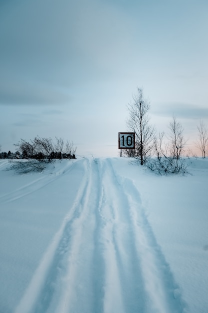 Vertical shot of a speed limit sign on the road covered with snow