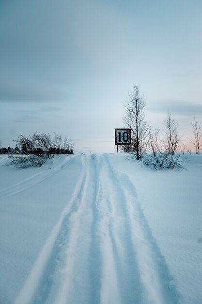 Вертикальный снимок знака ограничения скорости на дороге, покрытой снегом