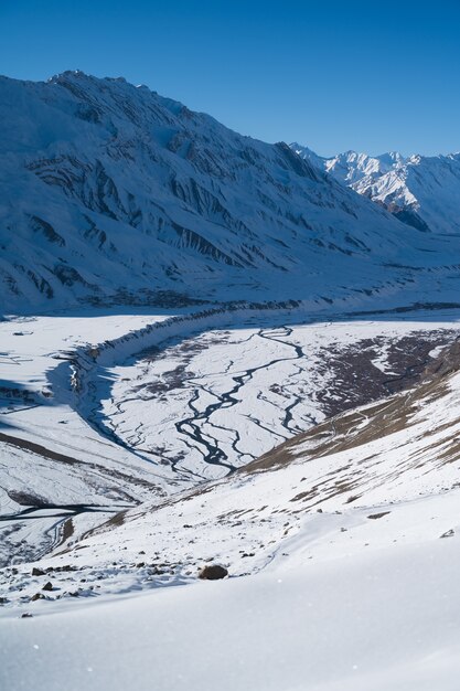 Vertical shot of Spiti Valley, Kaza in winter