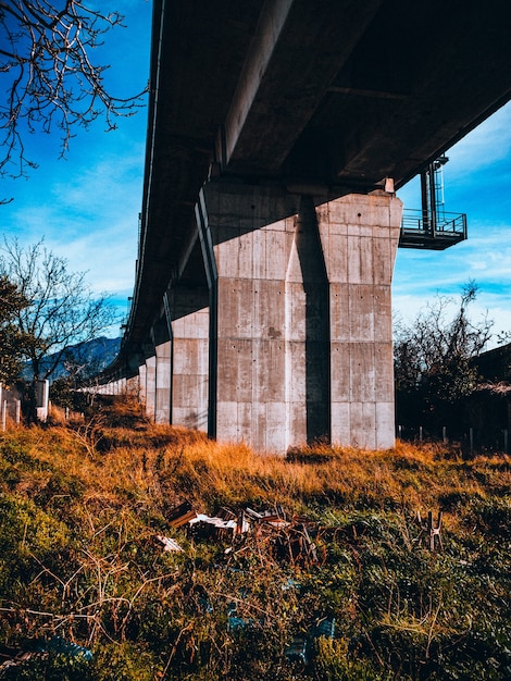Foto gratuita colpo verticale di un ponte di pietra e un campo di erba verde e gialla sotto di esso
