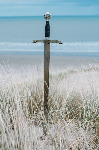 Vertical shot of a sword in the beach during daytime