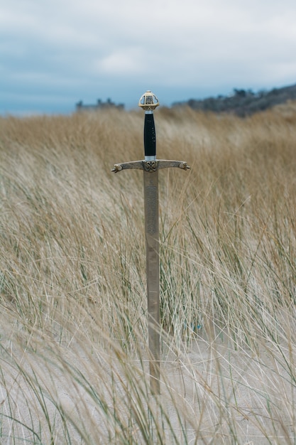 Вертикальный снимок меча на песчаном пляже