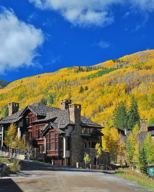 Vertical shot of a tall building with beautiful autumn trees in the background in Colorado