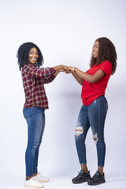 Vertical shot of two beautiful young African women fist bumping