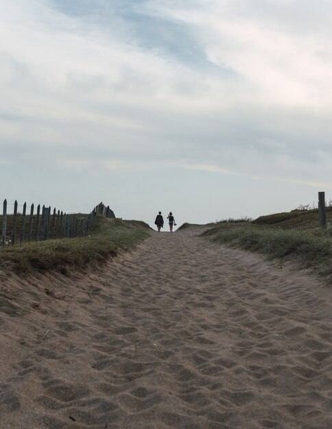 Вертикальный снимок двух человек, идущих вдалеке по песчаной дорожке под голубым небом