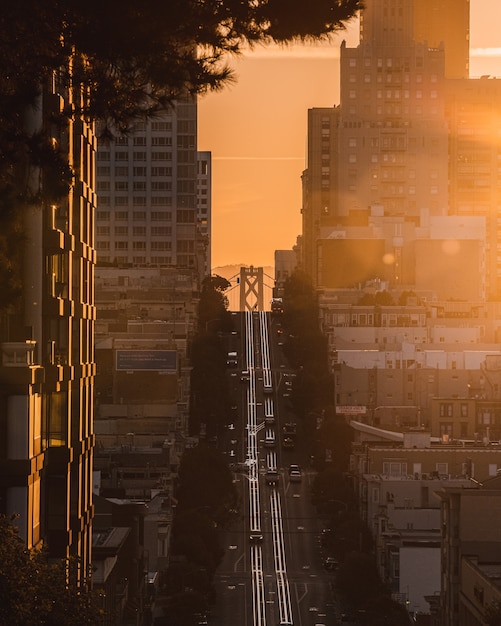 Vertical shot of an uphill road in the middle of buildings with cars driving