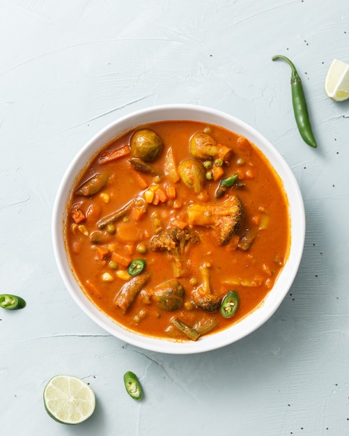 Vertical shot of vegetable curry with cauliflower, beans, corn, spicy pepper and lime