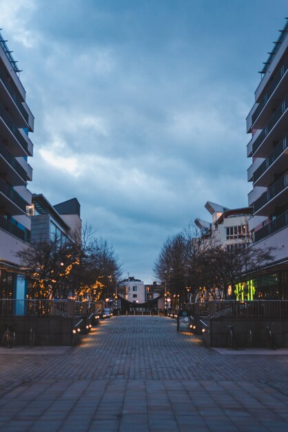 Vertical shot of a walkway surrounded by buildings under a clouded sky
