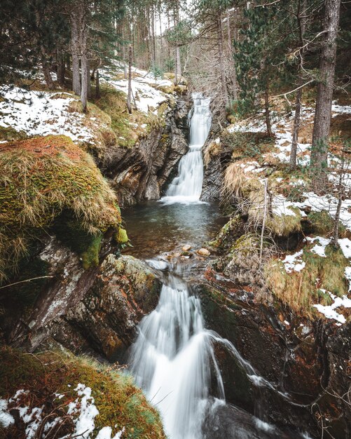 Vertical shot of waterfall cascades in the middle of the forest in winter