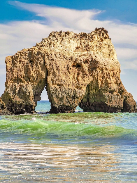 Vertical shot of waves passing by a big rock