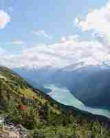 Free photo vertical shot of whistler mountains with a river flowing between in british columbia, canada