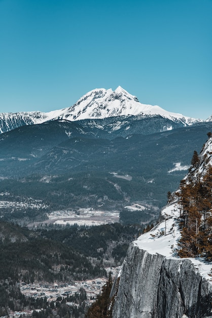 Vertical shot of a white mountain surrounded by trees and cliffs under a blue sky