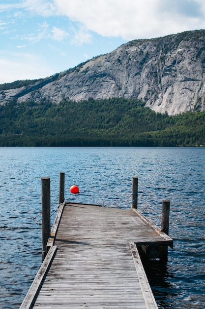 Vertical shot of a wooden dock near the lake with high rocky mountains