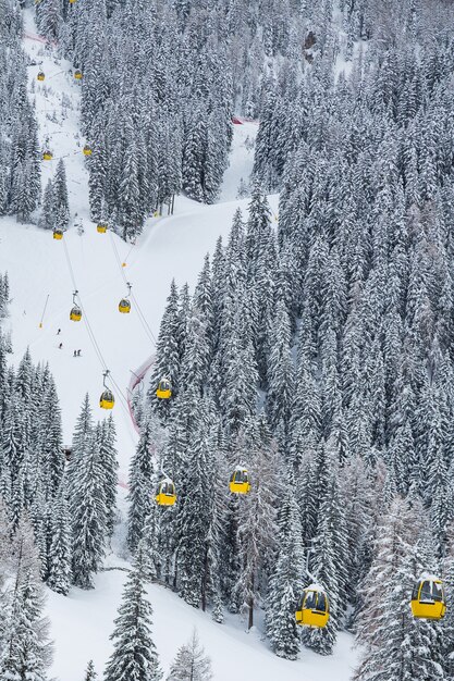 Vertical shot of yellow cable cars in the mountain during winter