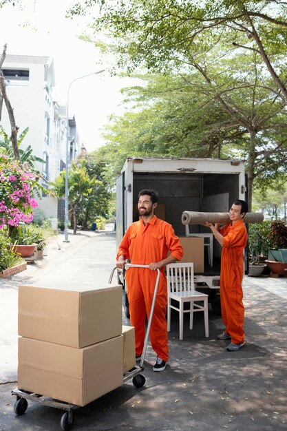 Vertical shot of young delivery men moving objects out of car