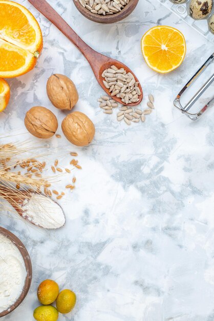 Vertical view of free space and fresh healthy food set on two-toned white blue mix color background