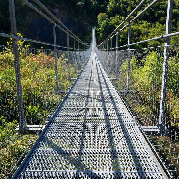 Вертикальный вид на гималайский пешеходный мост, пересекающий Драк возле озера Монтейнар