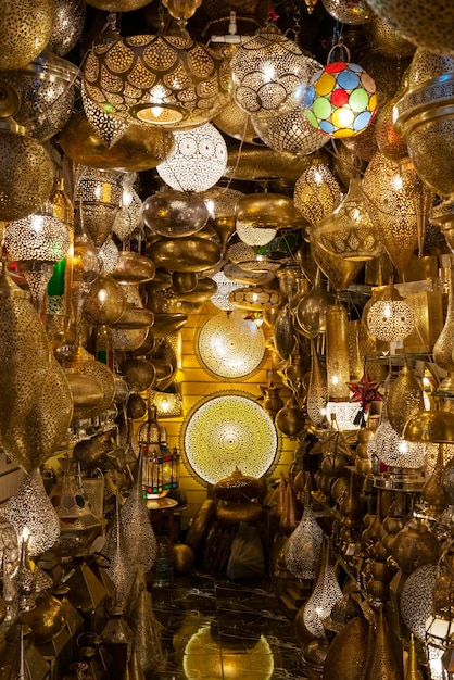 Vertical view of lighting shop in a market of marrakech