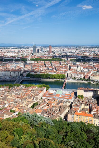 Vertical view of Lyon from the top of Notre Dame de Fourviere