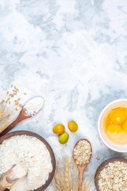 Vertical view of white flour kumquats spikes and sugar eggs on ice surface