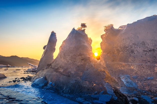 Very large and beautiful chunk of Ice at Sunrise in winter