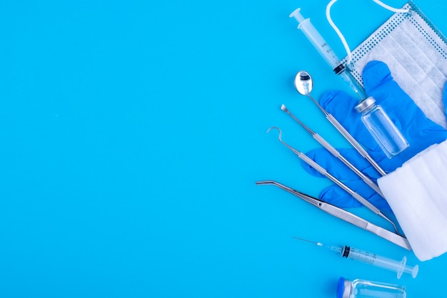 Vials and medical tools arrangement top view