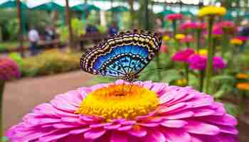 Foto gratuita vibranti segni animali sull'ala di una farfalla che impollina il fiore della margherita viola generato dall'intelligenza artificiale