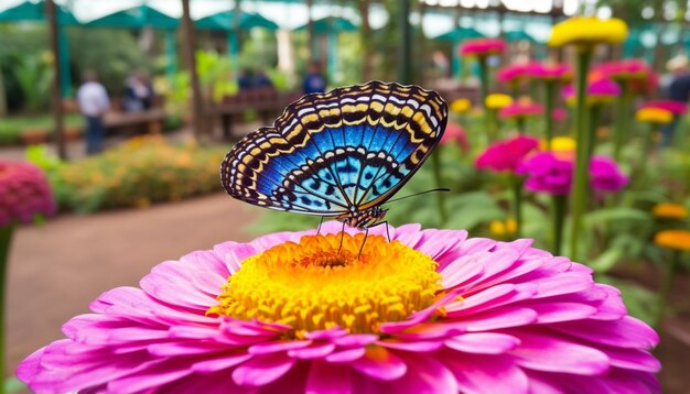 Бесплатное фото Яркие отметины животных на крыле бабочки, опыляющие фиолетовые цветы маргаритки, созданные искусственным интеллектом