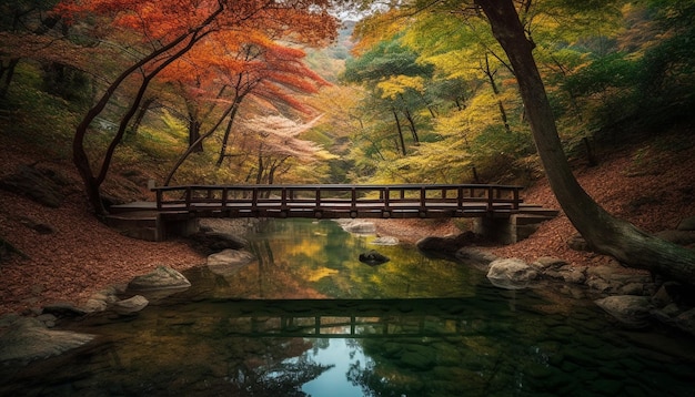 Free photo vibrant autumn colors adorn tranquil forest footpath generated by ai