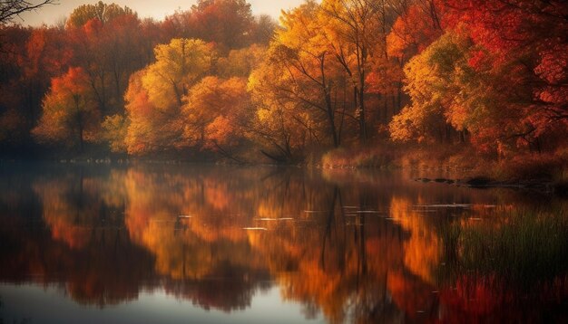 AIが生成した静かな池に鮮やかな紅葉が映る