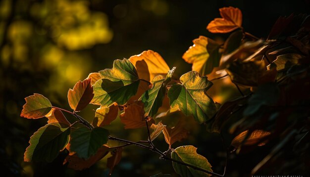 AIが生成する森に鮮やかな紅葉が映える