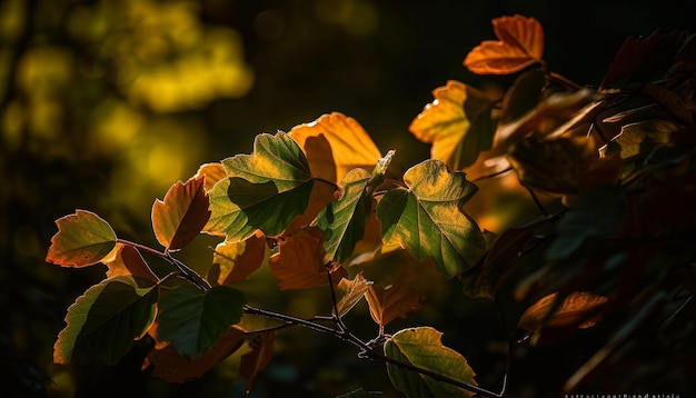 AIが生成する森に鮮やかな紅葉が映える