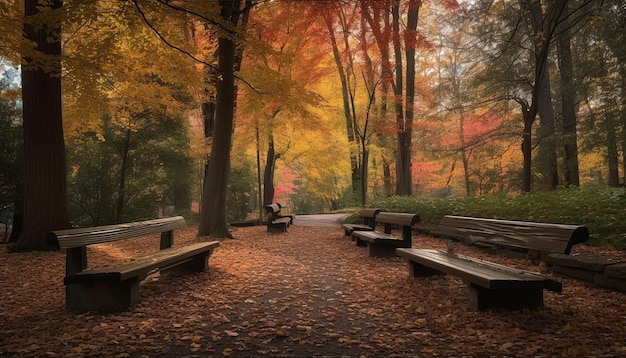 Яркие осенние цвета окружают спокойную скамейку, созданную искусственным интеллектом.