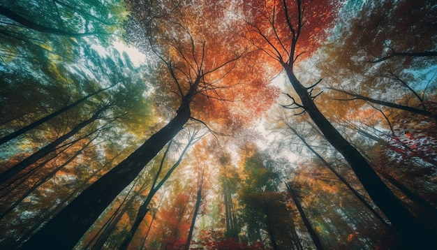 鮮やかな紅葉が彩る静謐な森の風景を AI が生成