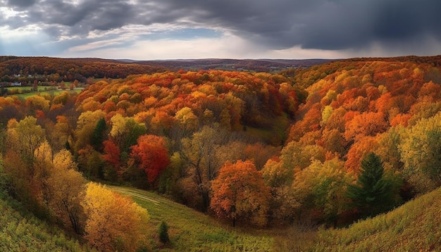 Free photo vibrant autumn landscape multi colored leaves falling generated by ai