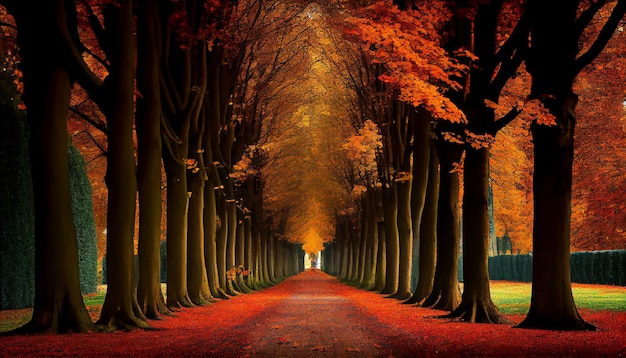 Бесплатное фото Яркие осенние листья освещают тихий лес в сумерках, созданный искусственным интеллектом