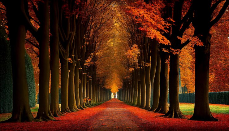 Free Photo vibrant autumn leaves illuminate tranquil forest at dusk generated by ai