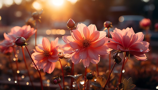 人工知能によって生成された夜明けの草原に咲く色とりどりの花の鮮やかな花束