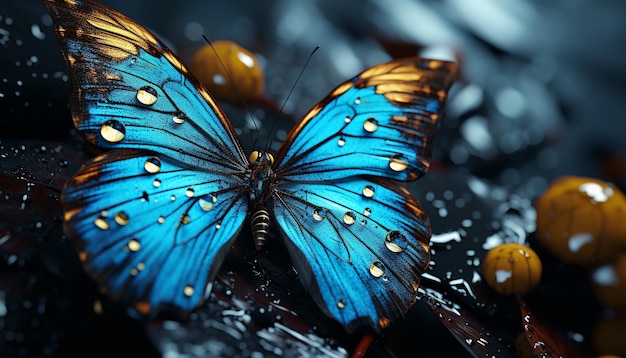Бесплатное фото Яркое крыло бабочки блестит росой на влажном зеленом листе, созданном искусственным интеллектом.