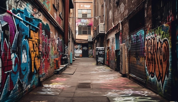 Яркие граффити городской жизни освещают современную архитектуру, созданную искусственным интеллектом