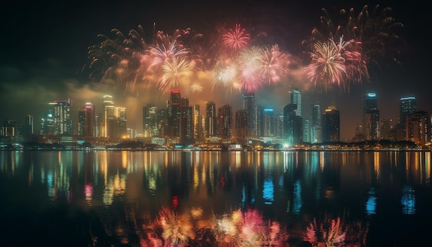 Vibrant city life ignites celebration with fireworks generated by AI