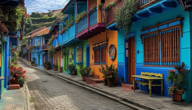 Vibrant colored flowers adorn ancient Caribbean architecture generated by AI