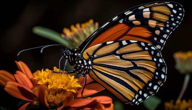 Яркая цветная бабочка-монарх сидит на цветке, созданном искусственным интеллектом